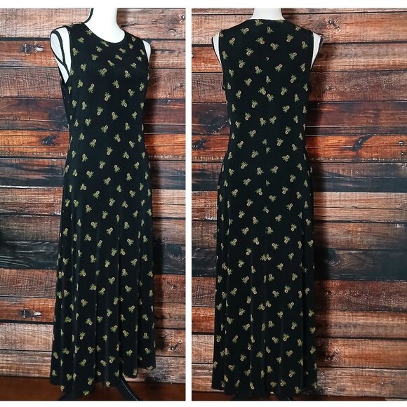 Coldwater Creek Vintage Midi Dress PM Medium Petite Black Pineapple USA Made - Picture 2 of 6
